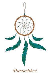 美国的印第安人护身符。捕梦网与羽毛和珠白色背景上。波西米亚风格