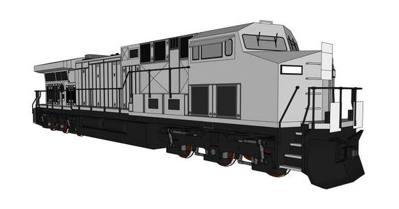 现代化的内燃机车, 具有强大的动力和力量, 可用于移动长重的铁路列车。带有轮廓描边线的矢量插图