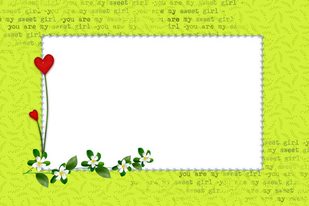 白色的花朵, 红色的心和绿叶的照片绿色框架