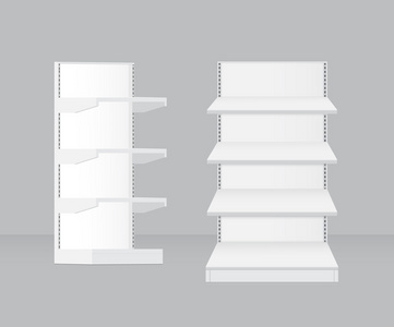 逼真的 3d 空超市的货架，白色背景矢量图上孤立