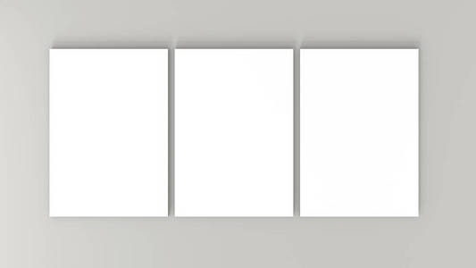 三白色 A4 纸板在灰色背景。高分辨率3d 渲染。个人品牌样机模板。柔和的阴影。顶部视图