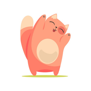 站在一起的有趣开心红猫提出的爪子,可爱的卡通动物特征矢量图照片