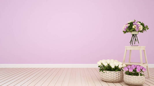 粉红客厅或咖啡店装饰花3d 渲染