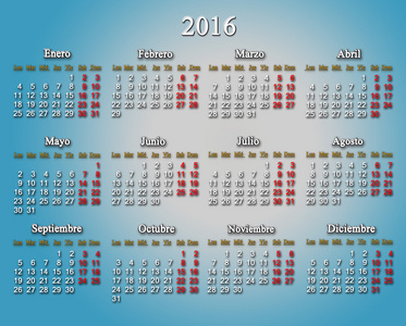 在西班牙语上淡蓝色的 2016 年日历