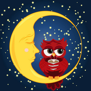 逗人喜爱的动画片猫头鹰红色与一杯咖啡坐在新月对夜空与星