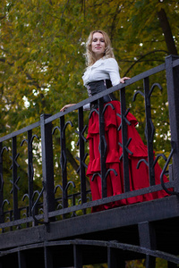 美丽的女人站在一座桥上, 在秋天的森林里