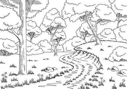 道路景观花卉图林道图形黑色白色景观素描图矢量照片