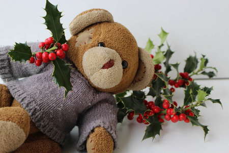 泰迪熊身穿灰色针织毛衣, 冬青树叶和浆果。创意为丰富多彩的贺卡与复制空间。圣诞快乐