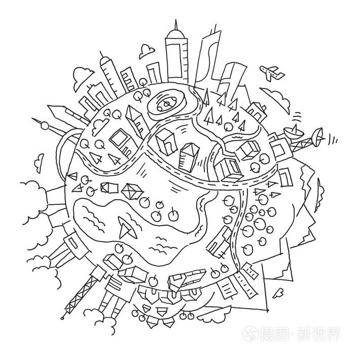 插画 圆的例证世界行星地球.城市, 山的工厂和建筑物.