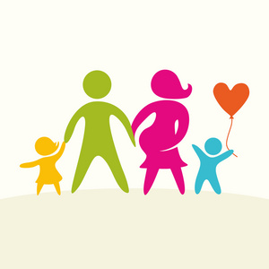 一个幸福的家庭。多彩多姿的数字，爱家庭成员。父母  妈妈，爸爸，孩子。Logo 图标 符号