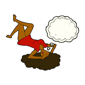 卡通女人躺在地板上，思想泡泡