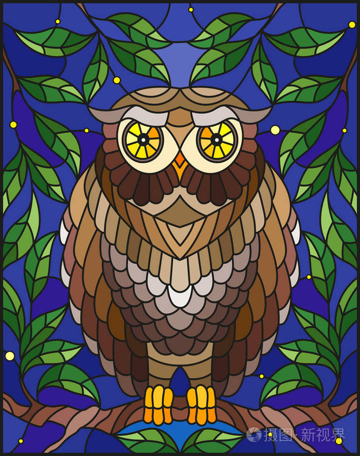 在彩色玻璃风格与神话般色彩缤纷的猫头鹰,坐在一根树枝在星空图