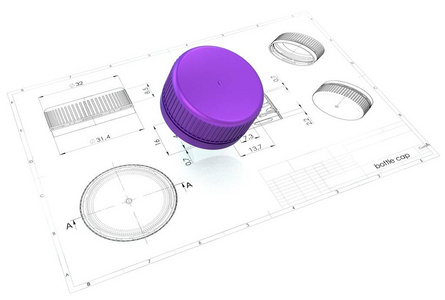 3d 工程图纸上塑料瓶盖的插图