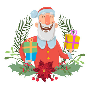 圣诞老人在圣诞花圈。矢量插图, 在白色背景上隔离。圣诞老人在五颜六色的盒子里带来礼物
