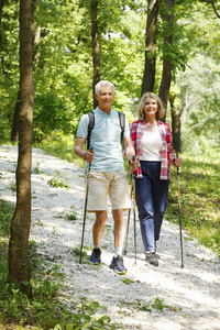 积极的年长夫妇享受北欧散步