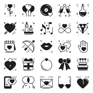爱线图标设置。情人节快乐剪影标志和符号。爱情, 情侣, 关系, 约会, 婚礼, 节日, 浪漫的主题。心唇礼物