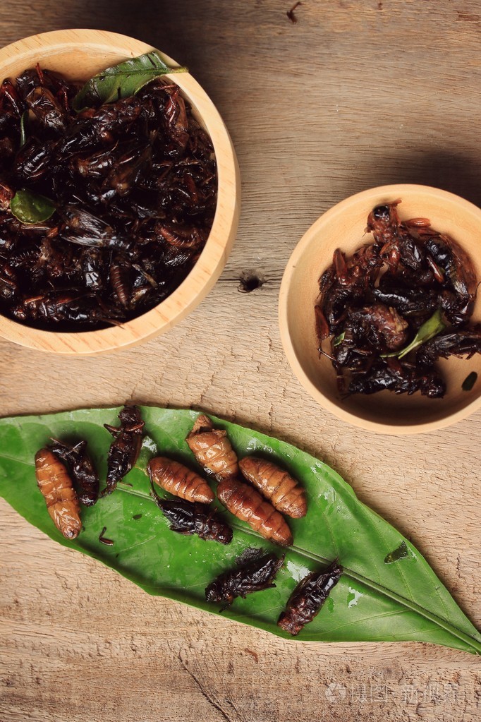 很多油炸的昆虫