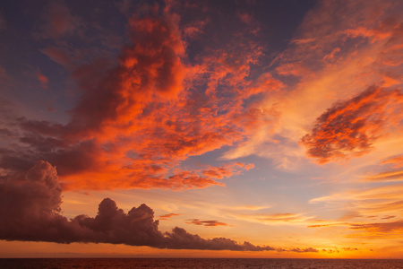 夕阳与不同形状的云彩。印尼巴厘岛印度洋