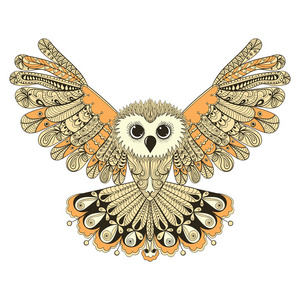 禅宗风格的棕色飞行猫头鹰。 手绘矢量插图