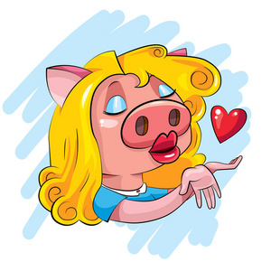 蓝色背景下红色心脏的可爱卡通女猪矢量插画设计照片