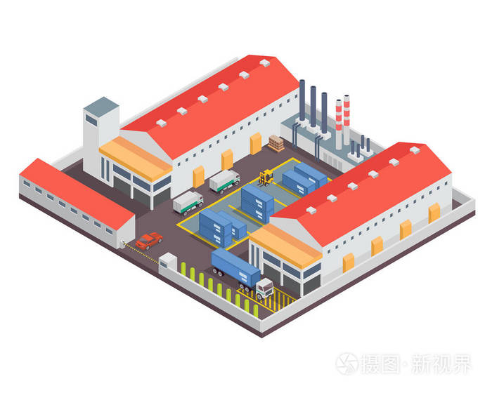 插画 现代等距工业厂房和仓库物流大楼, 适合图,信息,插图,游戏资产和