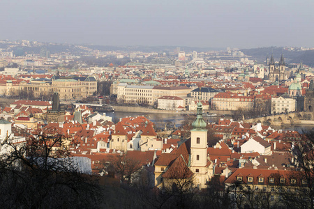 阳光明媚的寒冷冬季布拉格城市与它的大教堂, 历史建筑和塔, 捷克共和国