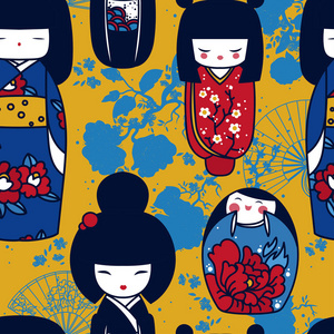 seamles 图案与日本传统娃娃kokeshi 和樱花花