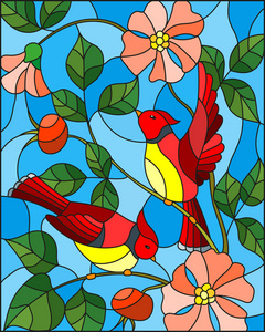 在彩色玻璃风格的插图与两个红色的小鸟盛开的野生玫瑰枝上的背景天空