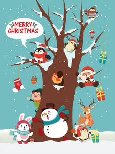 复古圣诞海报设计与矢量圣诞老人, 精灵, 雪人, 企鹅, 兔子, 鸟字符