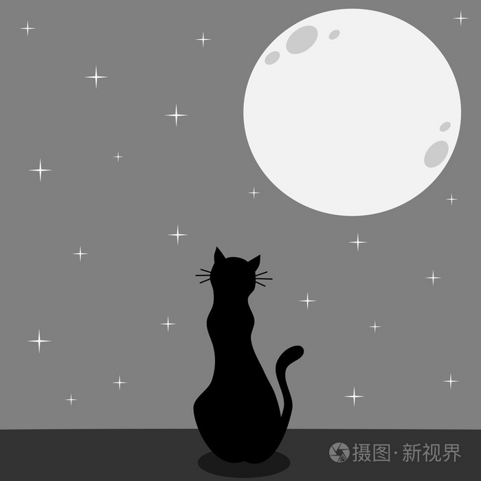 星空下黑猫背影简笔画图片