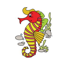 可爱的卡通海马白色背景为儿童版画, t恤, 彩色书, 有趣和友好的性格