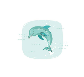 手绘矢量抽象卡通夏季时间有趣的插图与跳跃海豚在蓝色海浪孤立的白色背景