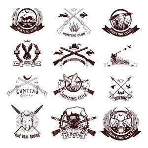 一组狩猎标签标志和设计元素。