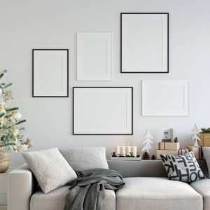 小样在客厅圣诞室内的海报。斯堪的纳维亚的内饰风格。3d 渲染 3d 图