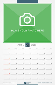 2016年4月。2016年墙壁月日历。 矢量设计p