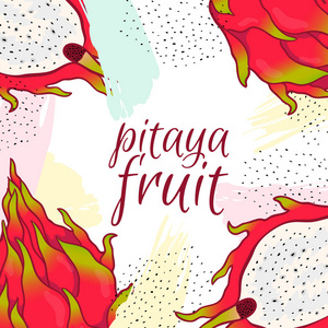 热带龙果火龙素描。异国情调的粉红色 pitahaya, 上面有绿叶