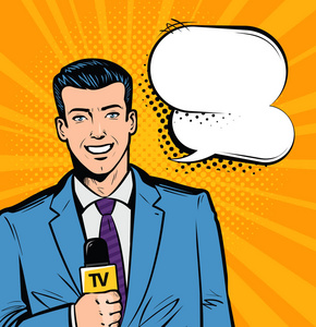 记者手里拿着麦克风.流行艺术复古喜剧风格.卡通矢量插画照片