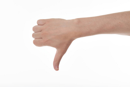 人类的手在孤立地显示拇指。显示拇指向下的手势。在白色背景上隔离。喜欢