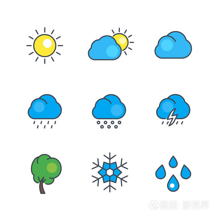 天气线图标与颜色填充在白色, 雨, 雪花, 冰雹