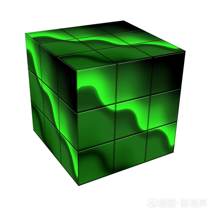 魔方与抽象的绿色和亮线型,在白色的背景下,3d 渲染