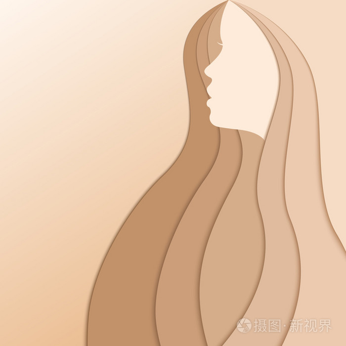 一个女人与她的头发，米色背景上的剪影。矢量图