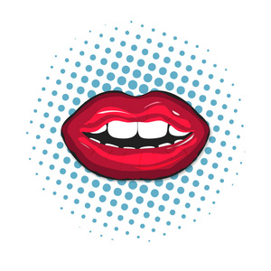 红色女性嘴唇特写。多彩的, 复古的插图在流行艺术背景。嘴里有牙齿和嘴唇。矢量