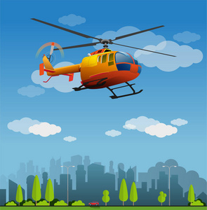 矢量插图, 救援直升机在城市飞行