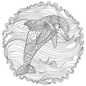 图腾-海洋动物与太阳能标志无缝模式与海豚华丽的海海豚与滚动海浪为