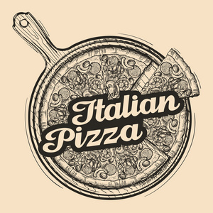 意大利的比萨饼。手绘食物。素描矢量图