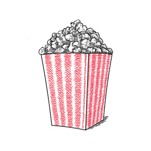 爆米花矢量手绘素描矢量插画, 爆米花条纹桶照片