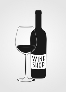 矢量的葡萄酒商店标识包括葡萄酒瓶，葡萄酒杯