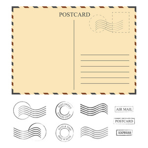 老式明信片与邮票, 模板。套邮票。矢量插图