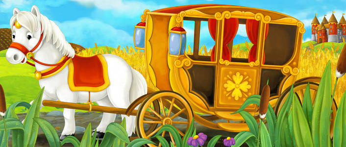 卡通场面与皇家运输通过牧场地驾驶, 五颜六色的例证为孩子