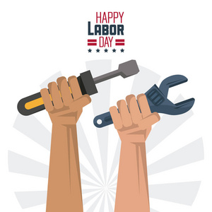 彩色海报的快乐劳动日手用工具螺丝刀和扳手